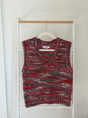 Re/Done Red & Gray Marled V-Neck Knit Vest